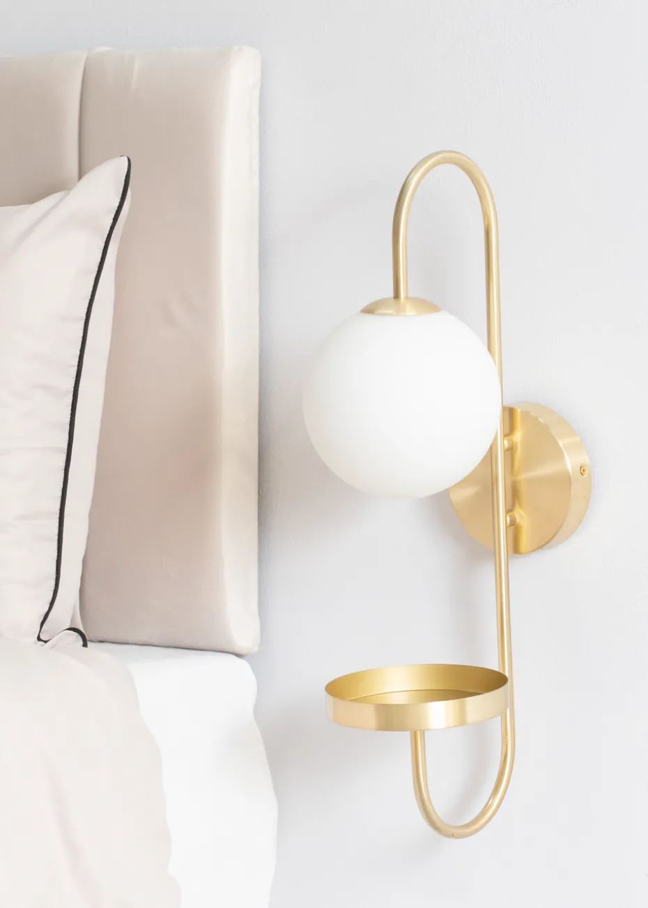 ValueLights Milo Frosted Glass Globe Shade Curved Wall Light with Shelf