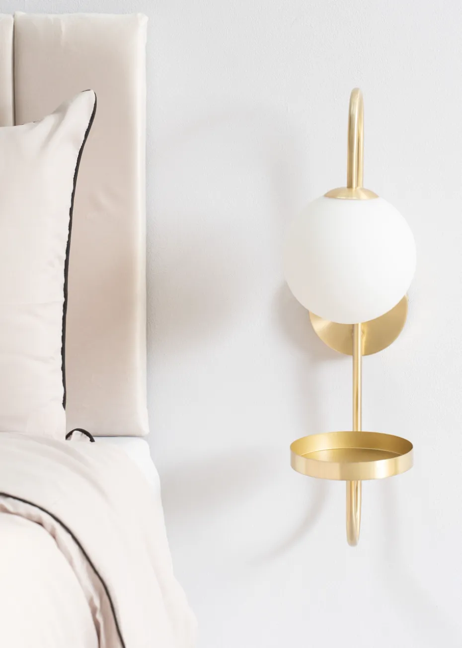 ValueLights Milo Frosted Glass Globe Shade Curved Wall Light with Shelf