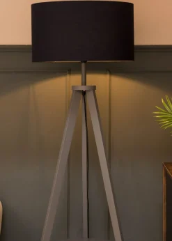 ValueLights Morrigan Grey Wood Tripod Floor Lamp Navy Shade (147cm x 45cm)