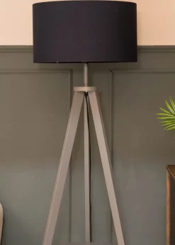 ValueLights Morrigan Grey Wood Tripod Floor Lamp Navy Shade (147cm x 45cm)