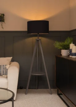 ValueLights Morrigan Grey Wood Tripod Floor Lamp Navy Shade (147cm x 45cm)