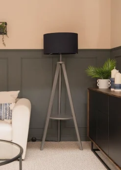 ValueLights Morrigan Grey Wood Tripod Floor Lamp Navy Shade (147cm x 45cm)