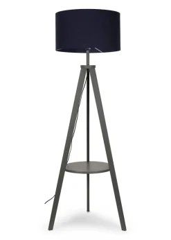 ValueLights Morrigan Grey Wood Tripod Floor Lamp Navy Shade (147cm x 45cm)