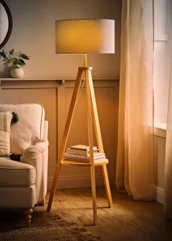 ValueLights Morrigan Light Wood Tripod Floor Lamp Grey Shade (147cm x 45cm)