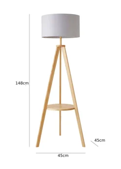 ValueLights Morrigan Light Wood Tripod Floor Lamp Grey Shade (147cm x 45cm)