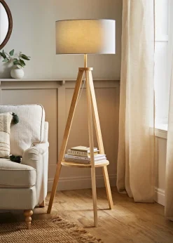 ValueLights Morrigan Light Wood Tripod Floor Lamp Grey Shade (147cm x 45cm)