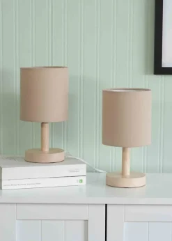 ValueLights Pair Oak Natural Table Lamp with Natural Drum Shade