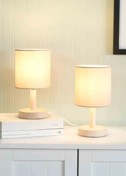 ValueLights Pair Oak Natural Table Lamp with Natural Drum Shade