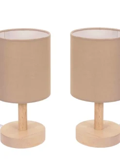 ValueLights Pair Oak Natural Table Lamp with Natural Drum Shade