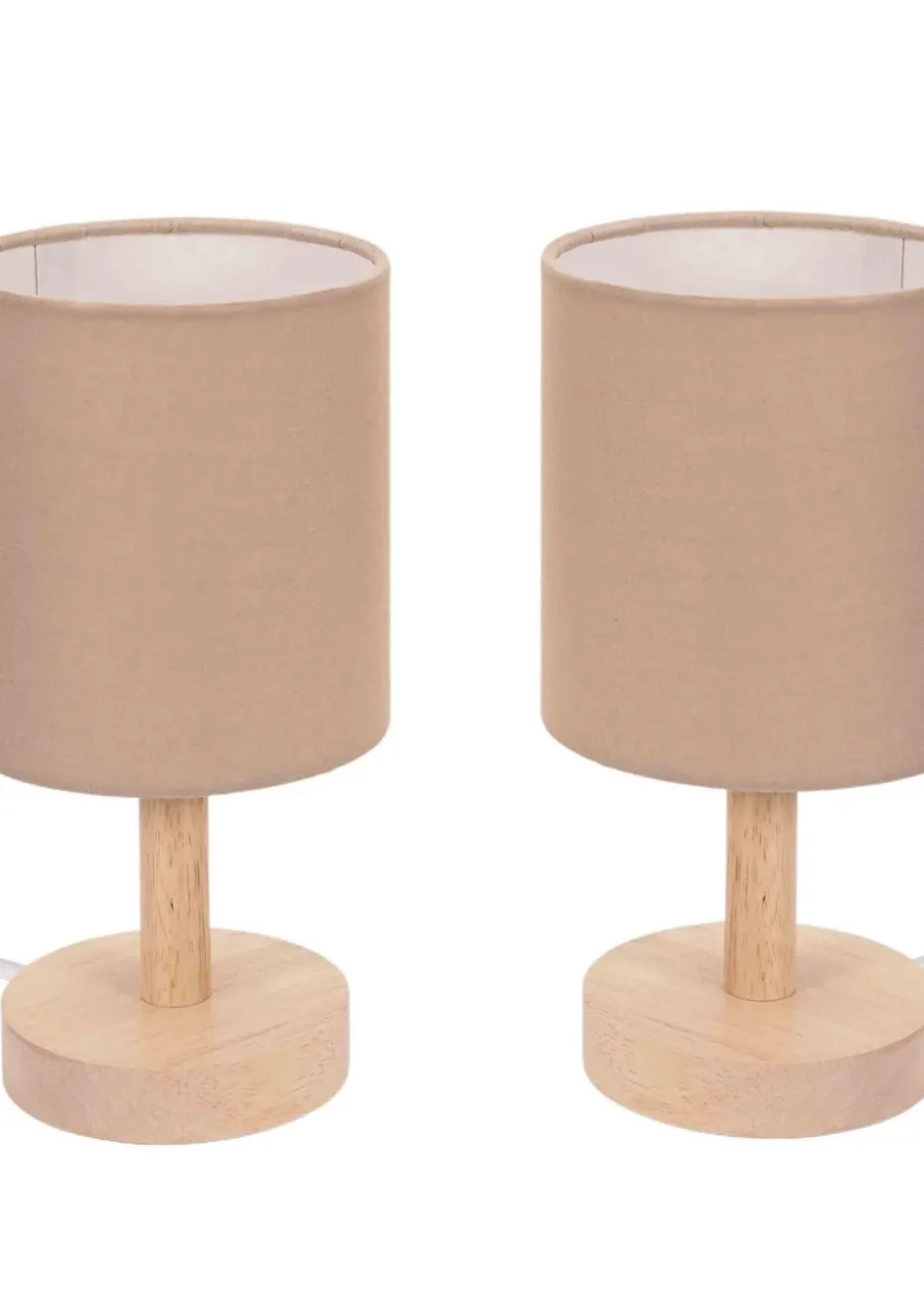 ValueLights Pair Oak Natural Table Lamp with Natural Drum Shade