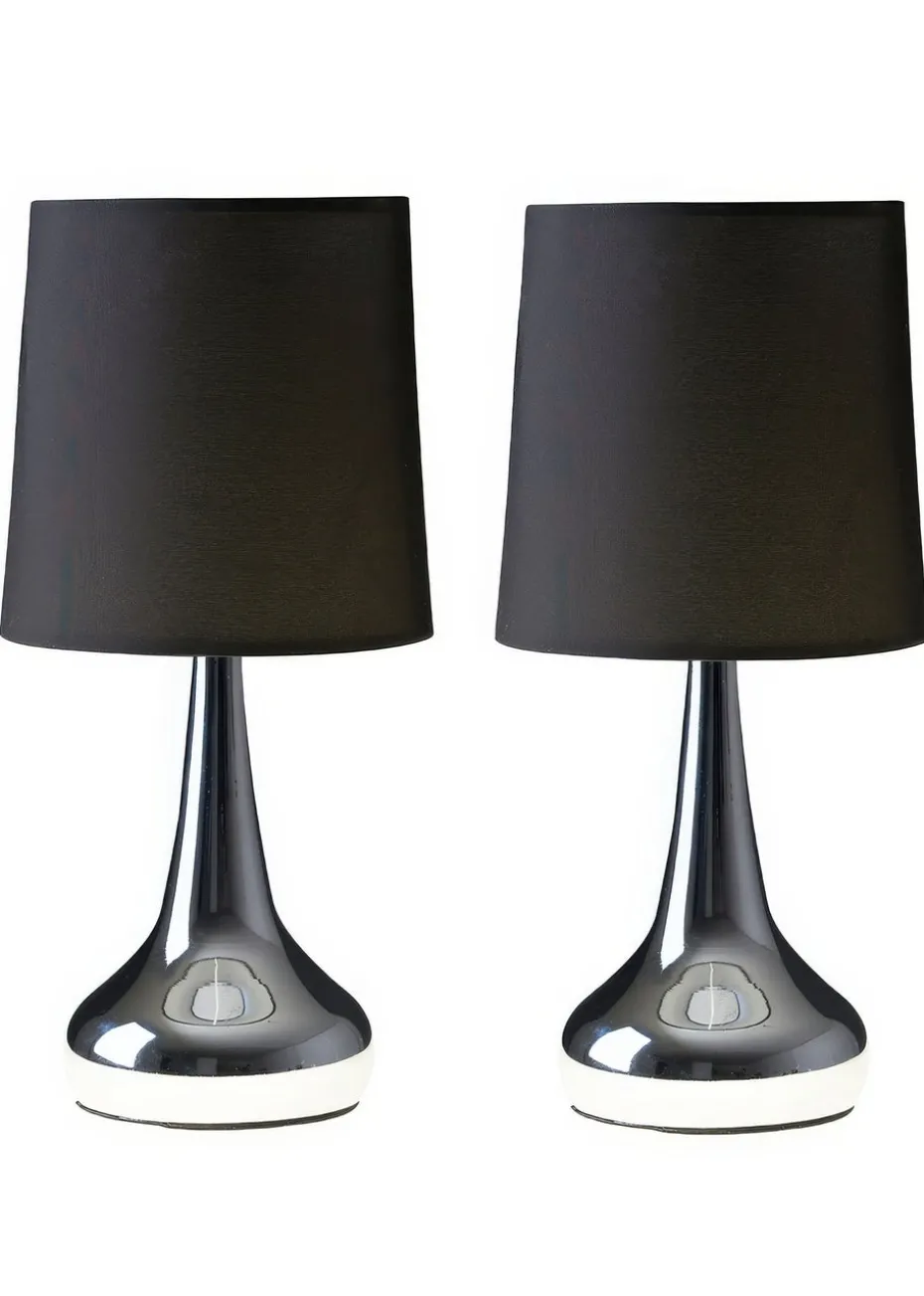 ValueLights Pair Of Chrome Teardrop Table Lamps Black Shades (33cm x 16cm x 16cm)