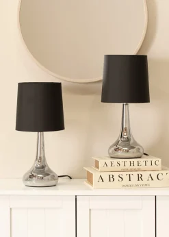 ValueLights Pair Of Chrome Teardrop Table Lamps Black Shades (33cm x 16cm x 16cm)