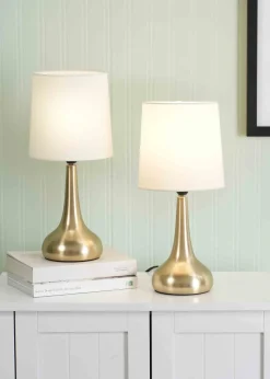 ValueLights Pair of Dimmable Gold Table Lamp with Cream Drum Shade