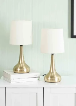 ValueLights Pair of Dimmable Gold Table Lamp with Cream Drum Shade