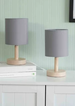 ValueLights Pair of Oak Natural Table Lamp with Grey Drum Shade