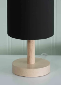ValueLights Pair of Oak Natural Table Lamp with Black Drum Shade