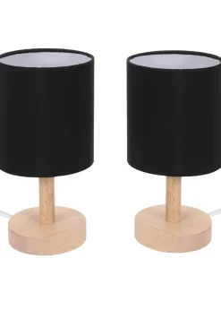 ValueLights Pair of Oak Natural Table Lamp with Black Drum Shade