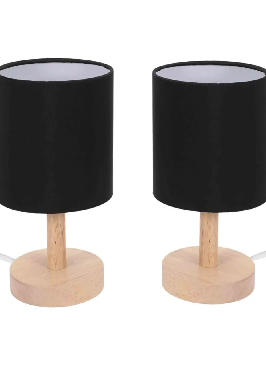 ValueLights Pair of Oak Natural Table Lamp with Black Drum Shade