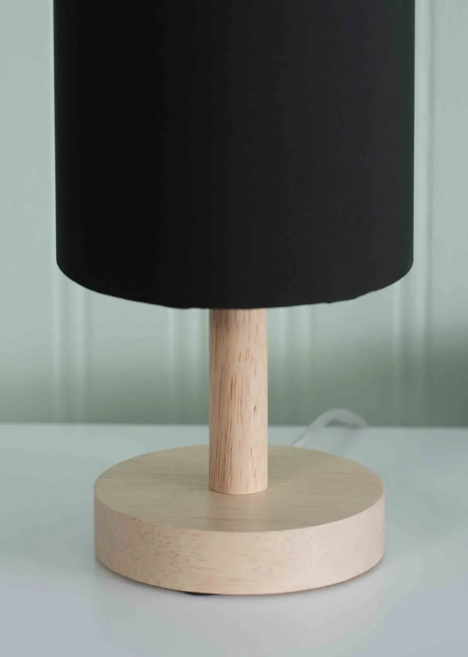 ValueLights Pair of Oak Natural Table Lamp with Black Drum Shade