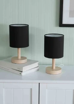 ValueLights Pair of Oak Natural Table Lamp with Black Drum Shade