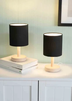ValueLights Pair of Oak Natural Table Lamp with Black Drum Shade