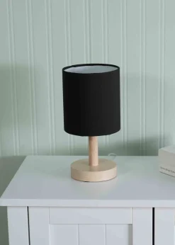 ValueLights Pair of Oak Natural Table Lamp with Black Drum Shade