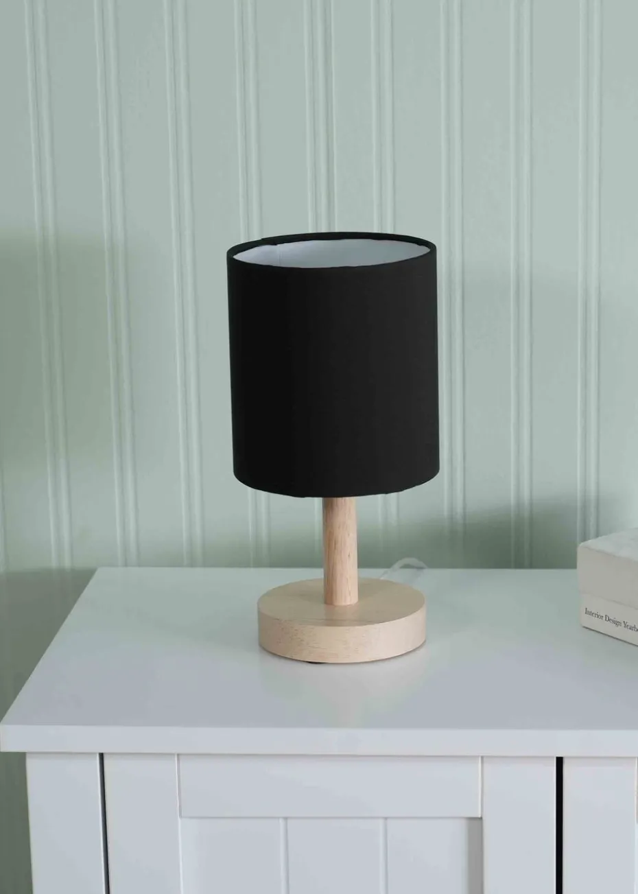 ValueLights Pair of Oak Natural Table Lamp with Black Drum Shade