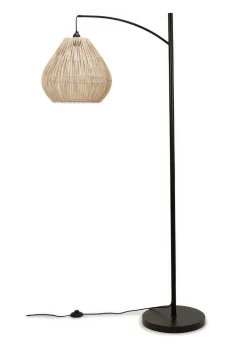ValueLights Preto Black Metal Floor Lamp Rattan Teardrop Shade (157cm x 33cm)
