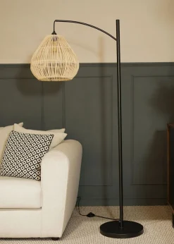 ValueLights Preto Black Metal Floor Lamp Rattan Teardrop Shade (157cm x 33cm)