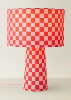 ValueLights Pritchard Pink Checkerboard Drum Shade Full Fabric Table Lamp