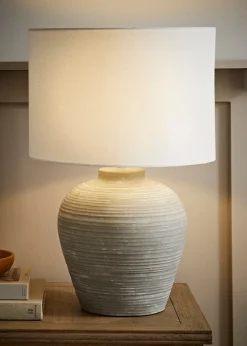 ValueLights Reid Linen Drum Shade Ribbed Ceramic Large Table Lamp