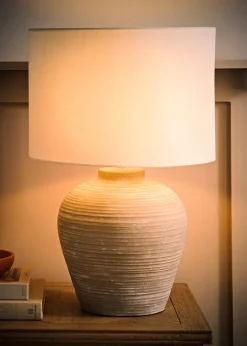 ValueLights Reid Linen Drum Shade Ribbed Ceramic Large Table Lamp