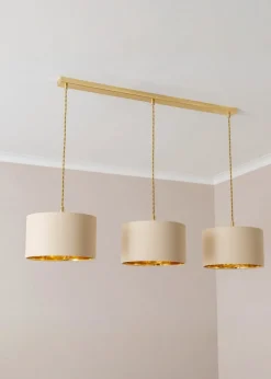 ValueLights Reni Natural & Gold Drum Shade 3 Drop Bar Diner Ceiling Light