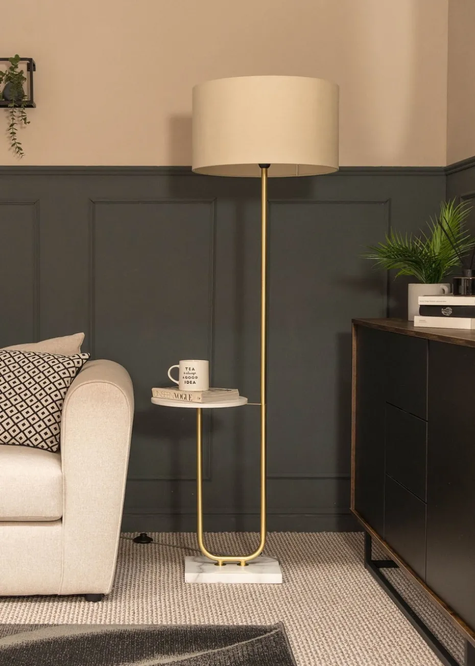 ValueLights Tavel Brushed Gold Floor Lamp Natural Shade (132.5cm x 14cm x 35cm)
