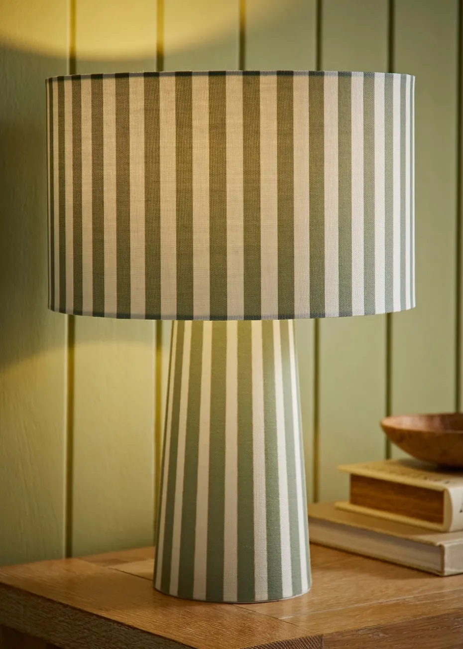 ValueLights Thorley Green Stripe Drum Shade Full Fabric Table Lamp