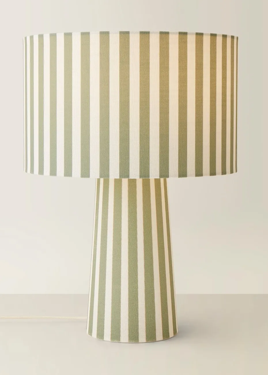 ValueLights Thorley Green Stripe Drum Shade Full Fabric Table Lamp