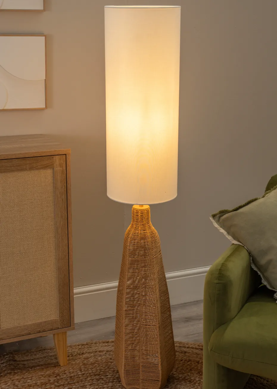 ValueLights Una White Tall Lamp Shade Rattan Midi Floor Lamp