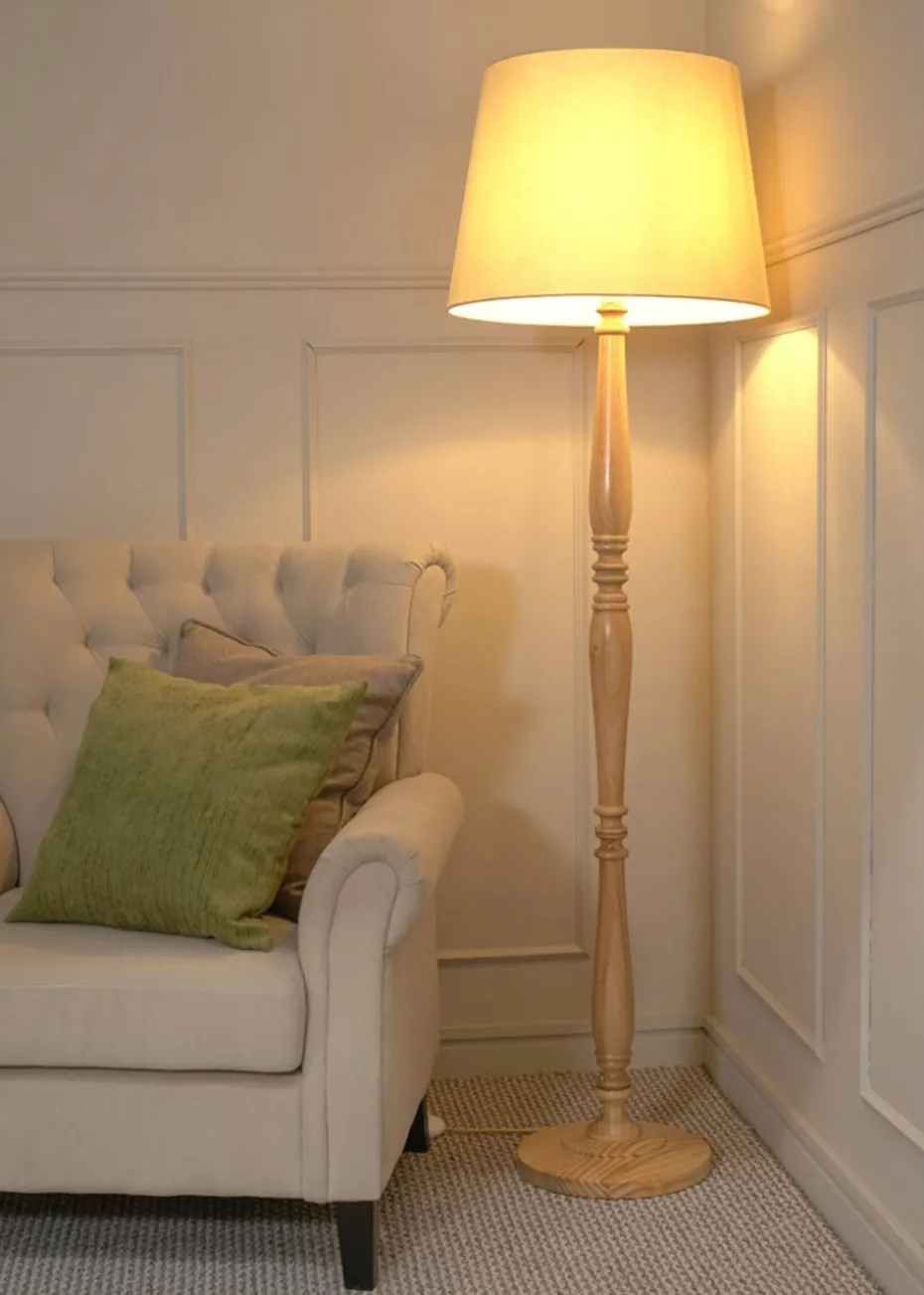 ValueLights Victoria Oak Effect Natural Floor Lamp with Large Tapered Shade