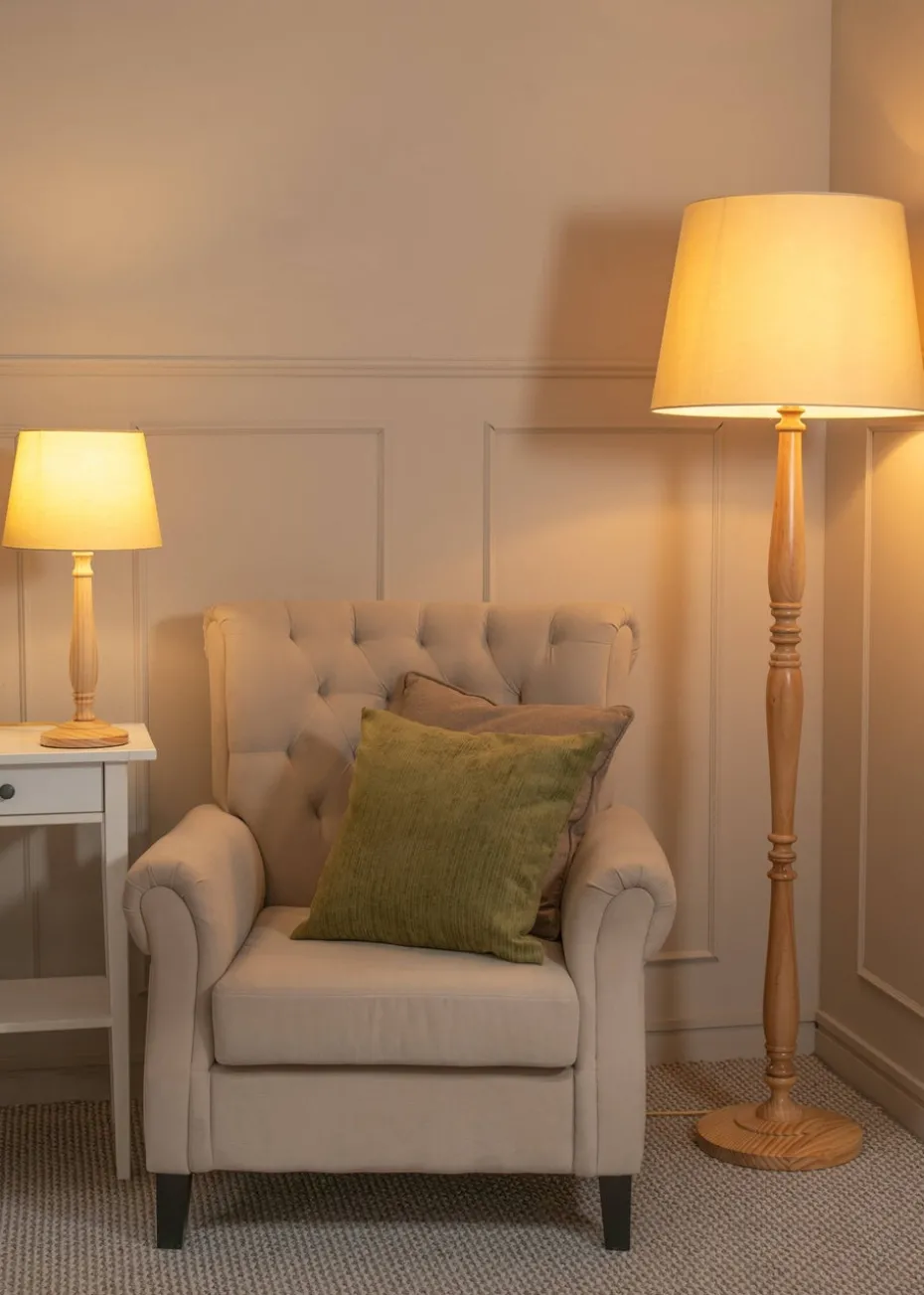 ValueLights Victoria Oak Effect Natural Floor Lamp with Large Tapered Shade