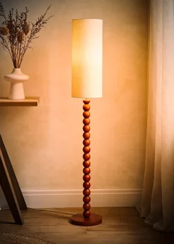 ValueLights Wyatt Linen Tall Lamp Shade Walnut Wood Bobbin Floor Lamp