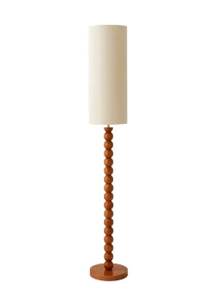ValueLights Wyatt Linen Tall Lamp Shade Walnut Wood Bobbin Floor Lamp