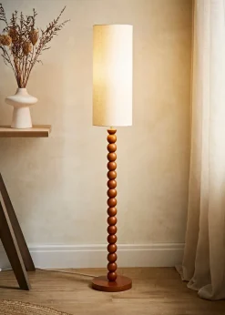 ValueLights Wyatt Linen Tall Lamp Shade Walnut Wood Bobbin Floor Lamp