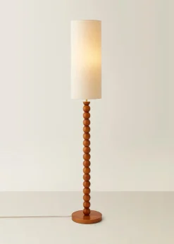 ValueLights Wyatt Linen Tall Lamp Shade Walnut Wood Bobbin Floor Lamp