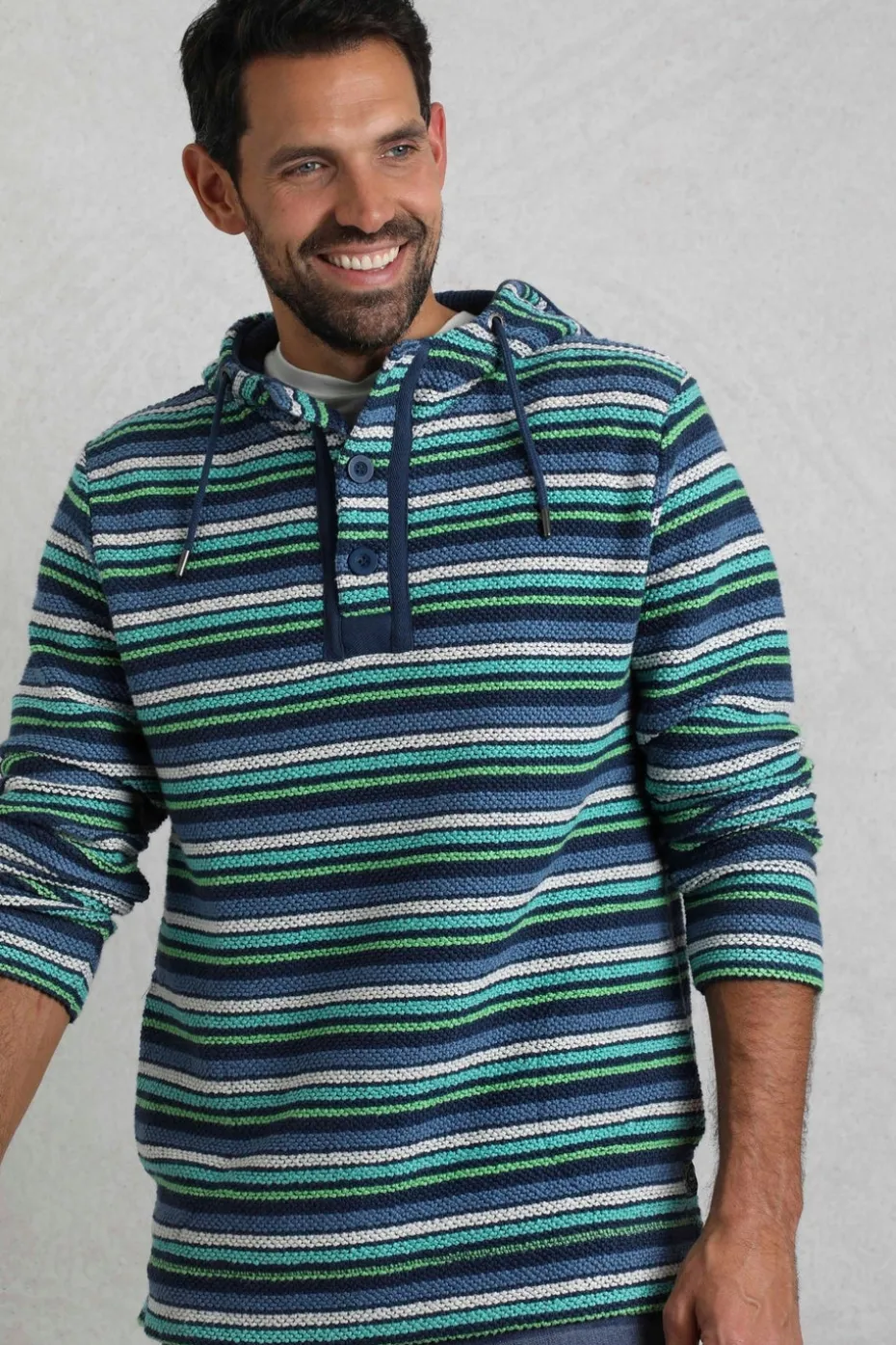 Weird Fish Blue Payson Button Neck Striped Macaroni Hoodie