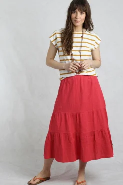 Weird Fish Red Lathika Tiered Midi Skirt
