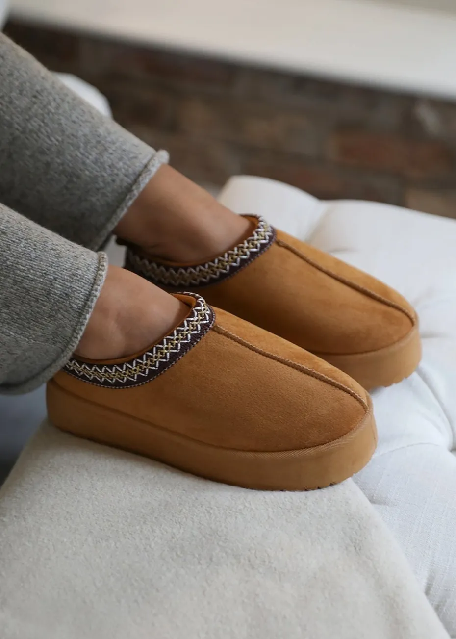 Where's That From Allegra Chestnut Faux-Suede Embroidered Ankle Slipper Boots