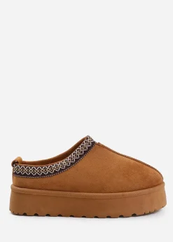 Where's That From Allegra Chestnut Faux-Suede Embroidered Ankle Slipper Boots