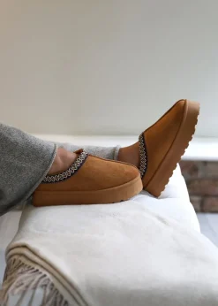 Where's That From Allegra Chestnut Faux-Suede Embroidered Ankle Slipper Boots