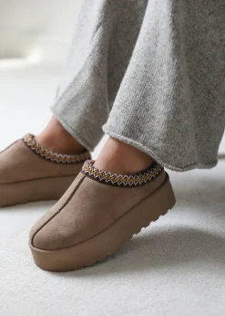 Where's That From Allegra Camel Faux-Suede Embroidered Ankle Slipper Boots