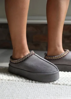 Where's That From Allegra Grey Faux-Suede Embroidered Ankle Slipper Boots